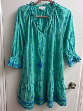 Umgee Green  Tassel Embroidered Flounce Sleeve Mini Dress Size Medium Boho